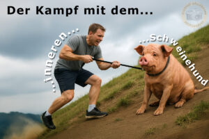 Ein Mann und ein Tier, halb Schwein, halb Hund, stehen an einem steilen Hang. Der Mann zieht verzweifelt an der Leine, die dem Schweinehund anliegt,um ihn zur Aktivität zu ermuntern.